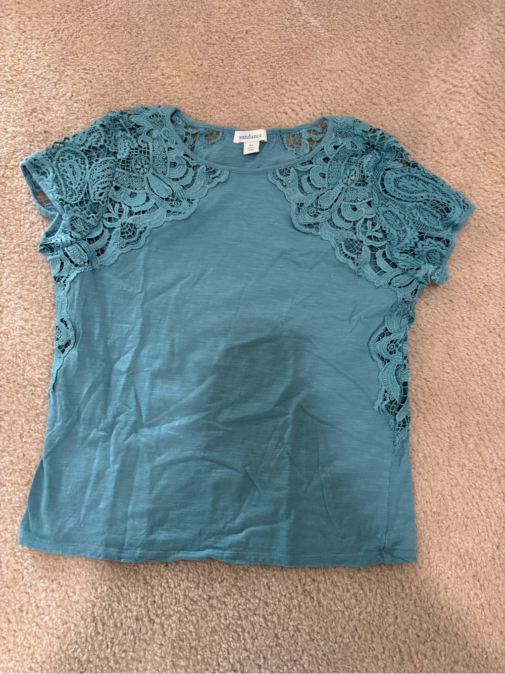 Sundance Teal Lace-Shoulder Short Sleeve Top